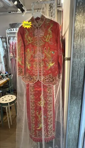 紅金鳳凰花卉刺繡中式婚禮套裝